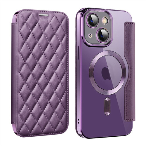 iPhone 14 Plus Shield Magsafe RFID Anti-theft Rhombus Leather Phone Case - Purple