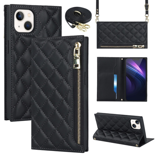iPhone 14 Plus Grid Texture Lanyard Zipper Leather Phone Case - Black