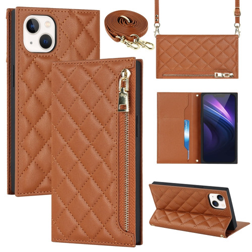 iPhone 14 Plus Grid Texture Lanyard Zipper Leather Phone Case - Brown