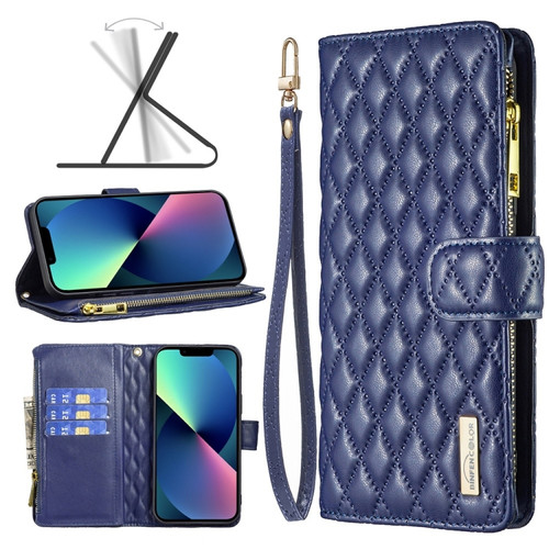 iPhone 14 Plus Diamond Lattice Zipper Wallet Leather Flip Phone Case  - Blue