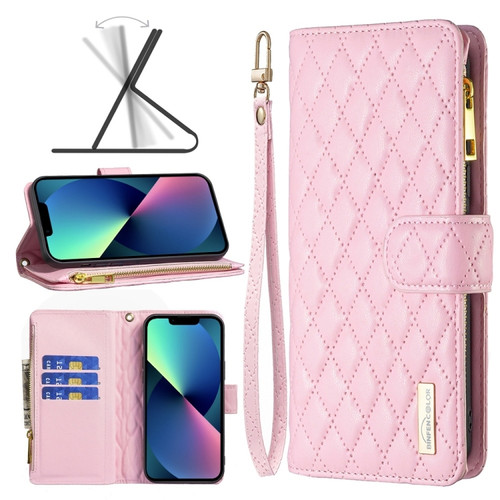 iPhone 14 Plus Diamond Lattice Zipper Wallet Leather Flip Phone Case  - Pink