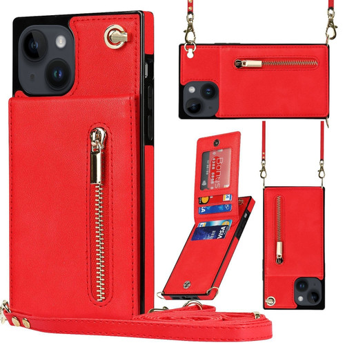 iPhone 14 Plus Cross-body Zipper Square Phone Case with Holder  - Red