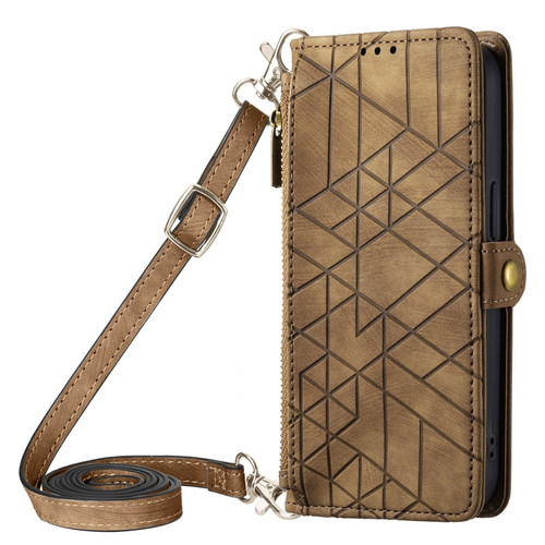 iPhone 14 Plus Geometric Zipper Wallet Side Buckle Leather Phone Case with Crossbody Lanyard - Brown