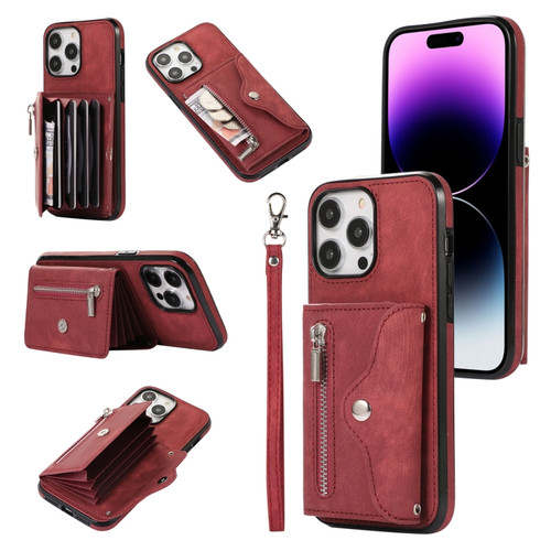 iPhone 14 Plus Zipper RFID Card Slot Phone Case with Short Lanyard - Red