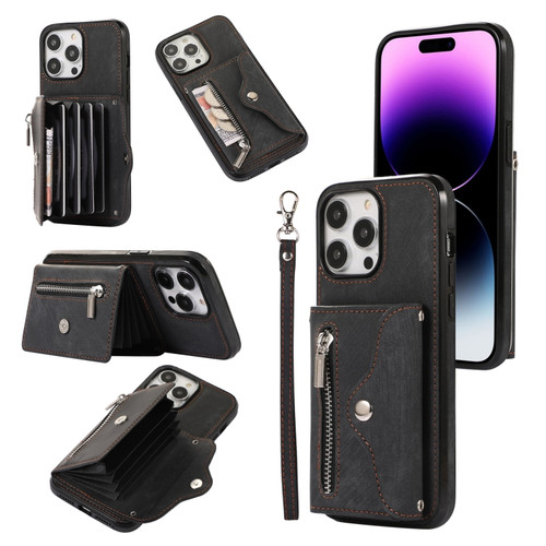 iPhone 14 Plus Zipper RFID Card Slot Phone Case with Short Lanyard - Black