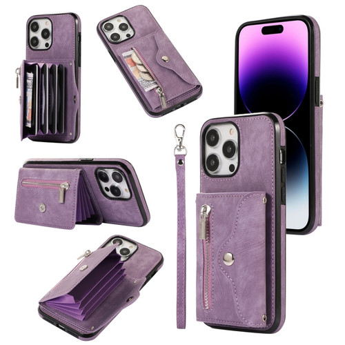 iPhone 14 Plus Zipper RFID Card Slot Phone Case with Short Lanyard - Purple