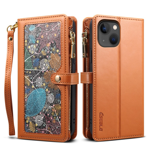 iPhone 14 Plus ESEBLE Star Series Lanyard Zipper Wallet RFID Leather Case - Brown