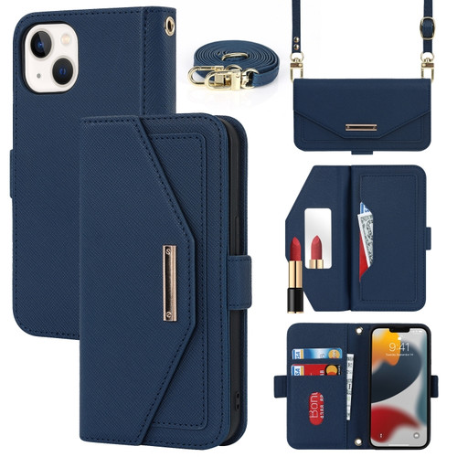 iPhone 14 Plus Cross Texture Lanyard Leather Phone Case - Blue