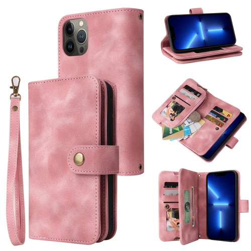 iPhone 14 Plus Multifunctional Card Slot Zipper Wallet Flip Leather Phone Case - Rose Gold