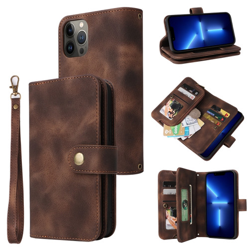 iPhone 14 Plus Multifunctional Card Slot Zipper Wallet Flip Leather Phone Case - Brown