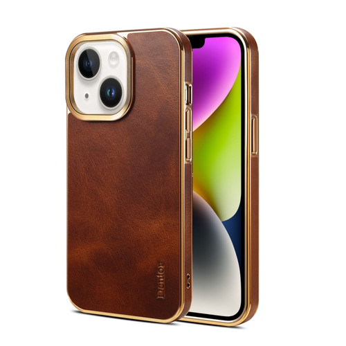 iPhone 14 Plus Denior Oil Wax Cowhide Plating Phone Case - Brown