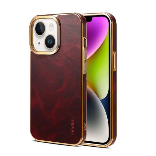 iPhone 14 Plus Denior Oil Wax Cowhide Plating Phone Case - Red