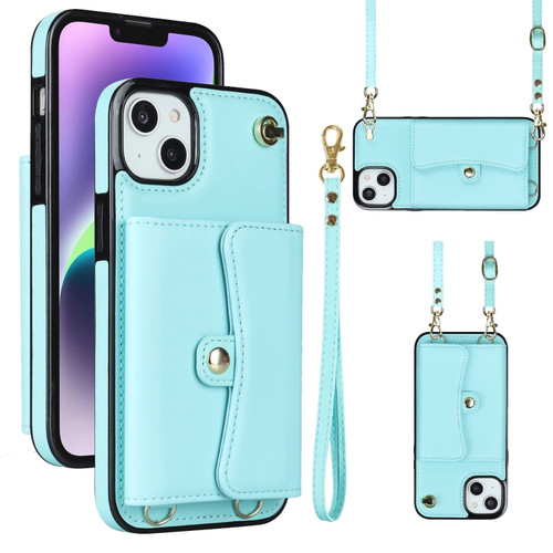 iPhone 14 Plus RFID Card Slot Phone Case with Long Lanyard - Mint Green