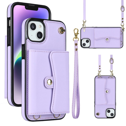 iPhone 14 Plus RFID Card Slot Phone Case with Long Lanyard - Purple