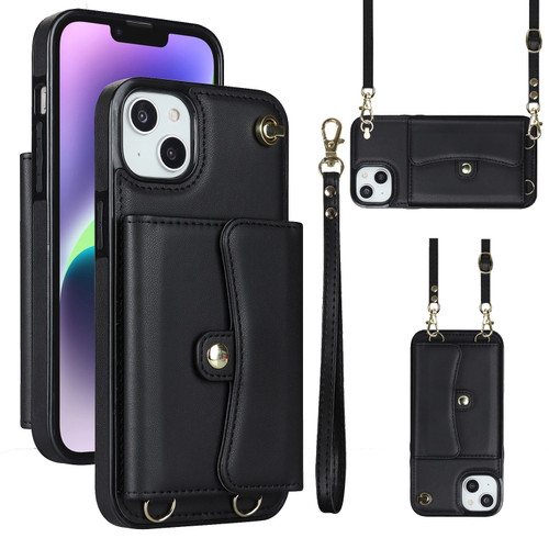 iPhone 14 Plus RFID Card Slot Phone Case with Long Lanyard - Black