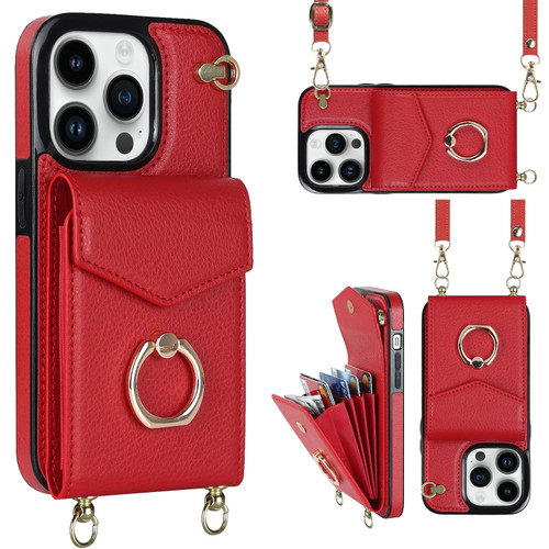 iPhone 14 Plus Ring Holder RFID Card Slot Phone Case with Long Lanyard - Red