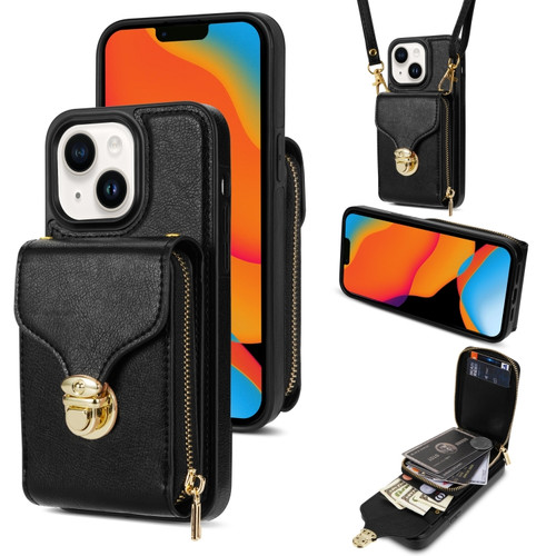 iPhone 14 Plus Zipper Hardware Card Wallet Phone Case - Black