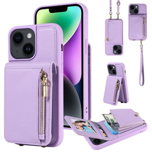 iPhone 14 Plus Crossbody Lanyard Zipper Wallet Leather Phone Case - Purple