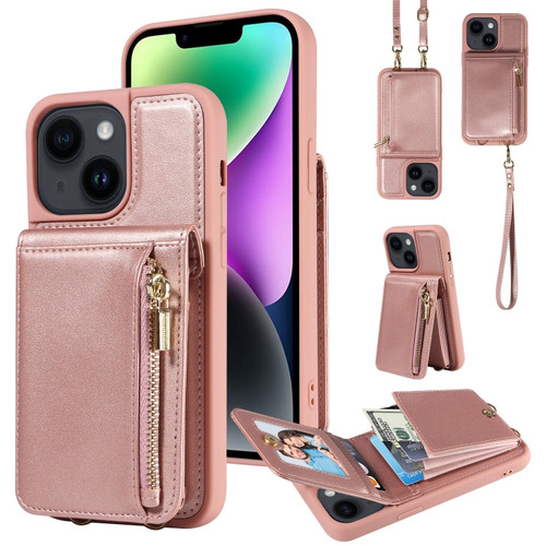iPhone 14 Plus Crossbody Lanyard Zipper Wallet Leather Phone Case - Rose Gold