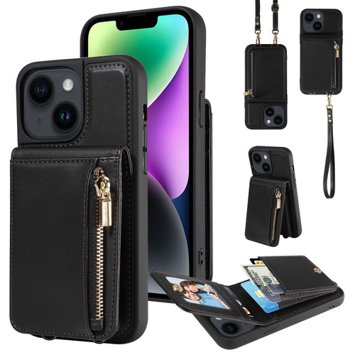 iPhone 14 Plus Crossbody Lanyard Zipper Wallet Leather Phone Case - Black