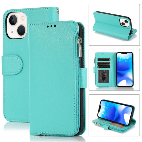 iPhone 14 Plus Microfiber Zipper Leather Phone Case - Mint Green