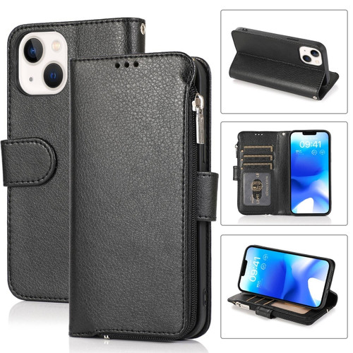 iPhone 14 Plus Microfiber Zipper Leather Phone Case - Black