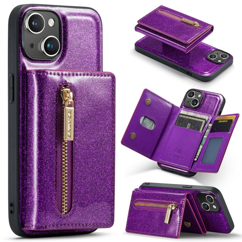 iPhone 14 Plus DG.MING M3 Series Glitter Powder Card Bag Leather Case - Dark Purple