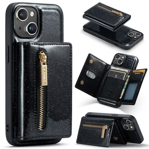 iPhone 14 Plus DG.MING M3 Series Glitter Powder Card Bag Leather Case - Black