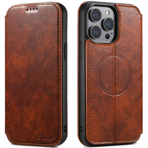 iPhone 14 Plus Suteni J05 Leather Magnetic Magsafe Phone Case - Khaki