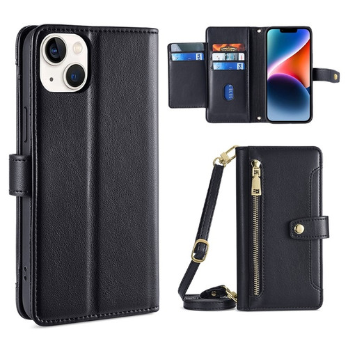 iPhone 14 Plus Sheep Texture Cross-body Zipper Wallet Leather Phone Case - Black