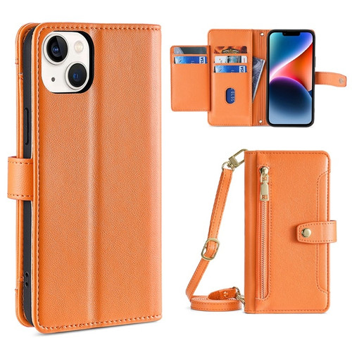 iPhone 14 Plus Sheep Texture Cross-body Zipper Wallet Leather Phone Case - Orange