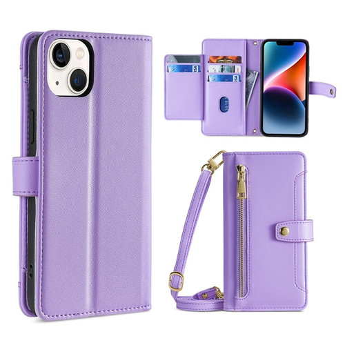 iPhone 14 Plus Sheep Texture Cross-body Zipper Wallet Leather Phone Case - Purple