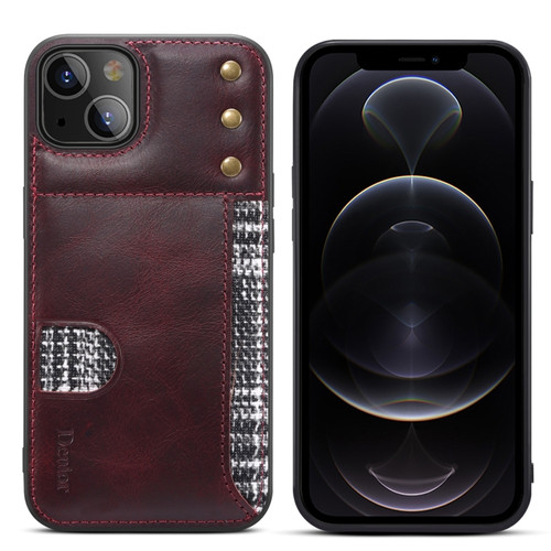 iPhone 14 Plus Denior Oil Wax Cowhide Card Slot Phone Case - Red