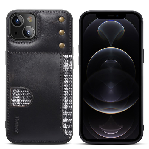 iPhone 14 Plus Denior Oil Wax Cowhide Card Slot Phone Case - Black