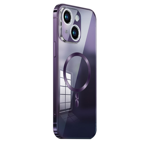 iPhone 14 Plus MagSafe Magnetic Stainless Steel Frame Transparent TPU Phone Case - Dark Purple
