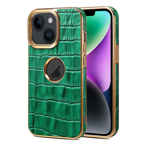iPhone 14 Plus Denior Crocodile Texture Genuine Leather Electroplating Phone Case - Green