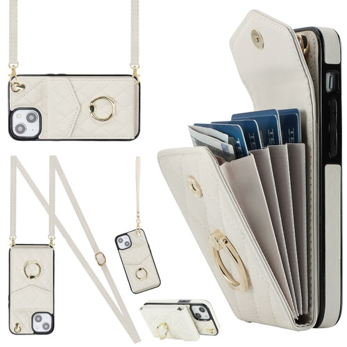 iPhone 14 Plus Rhombic Texture Card Bag Phone Case with Long Lanyard - White