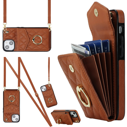 iPhone 14 Plus Rhombic Texture Card Bag Phone Case with Long Lanyard - Brown