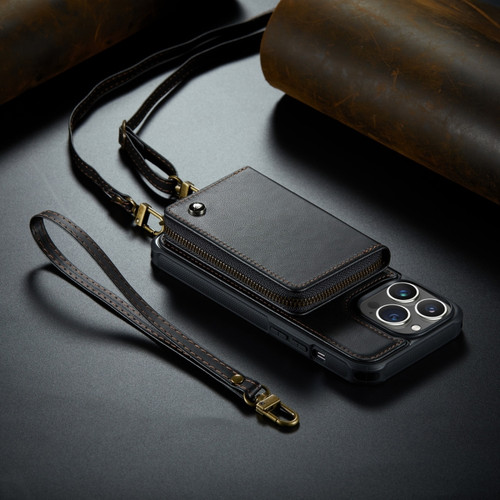 iPhone 14 Plus JEEHOOD C22 Series Zipper Wallet Phone Case with Long and Short Lanyard - Black