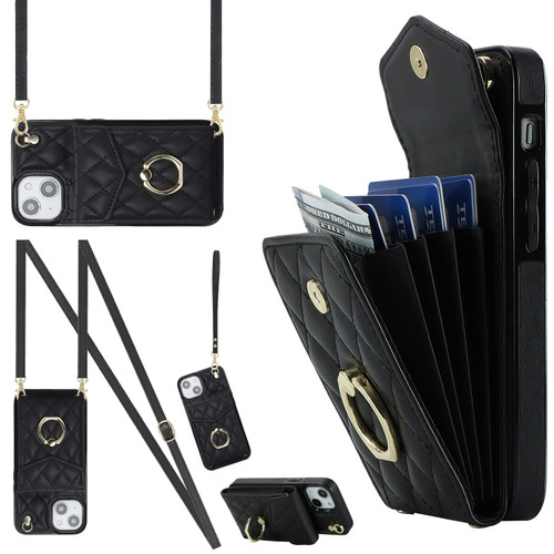 iPhone 14 Plus Rhombic Texture Card Bag Phone Case with Long Lanyard - Black