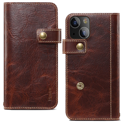 iPhone 14 Plus Denior Oil Wax Cowhide DK Magnetic Button Leather Phone Case - Brown