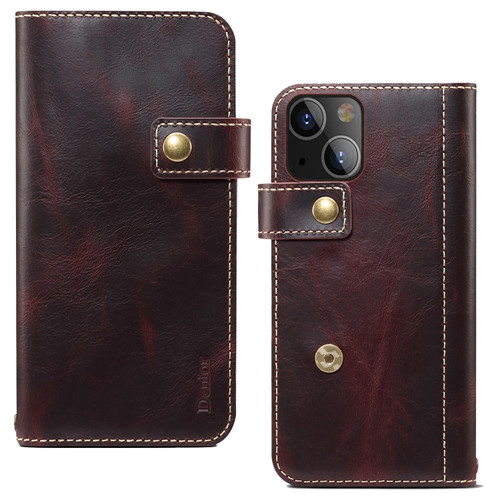 iPhone 14 Plus Denior Oil Wax Cowhide DK Magnetic Button Leather Phone Case - Dark Red