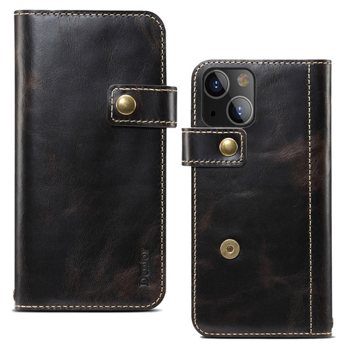 iPhone 14 Plus Denior Oil Wax Cowhide DK Magnetic Button Leather Phone Case - Black