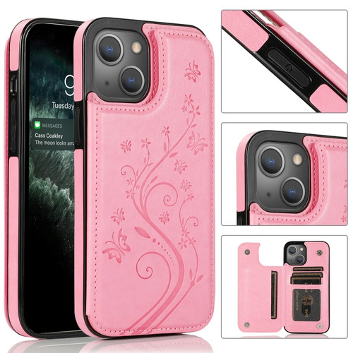 iPhone 13 Pro Max Butterflies Flowers Double Buckle PU + TPU Protective Case with Holder & Card Slots & Photo Frame  - Pink