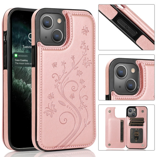 iPhone 13 Pro Max Butterflies Flowers Double Buckle PU + TPU Protective Case with Holder & Card Slots & Photo Frame  - Rose Gold