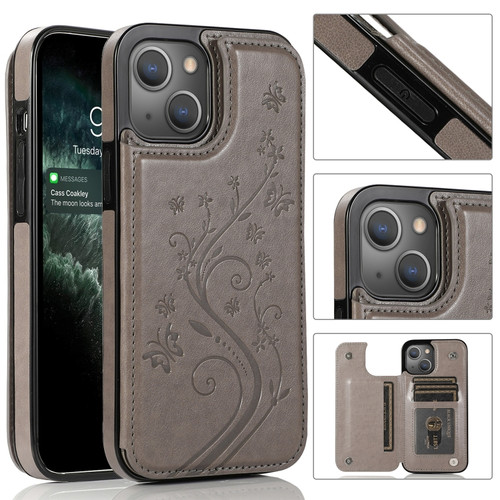 iPhone 13 Pro Max Butterflies Flowers Double Buckle PU + TPU Protective Case with Holder & Card Slots & Photo Frame  - Grey