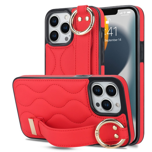 iPhone 13 Pro Max Non-slip Full Coverage Ring PU Phone Case with Wristband - Red