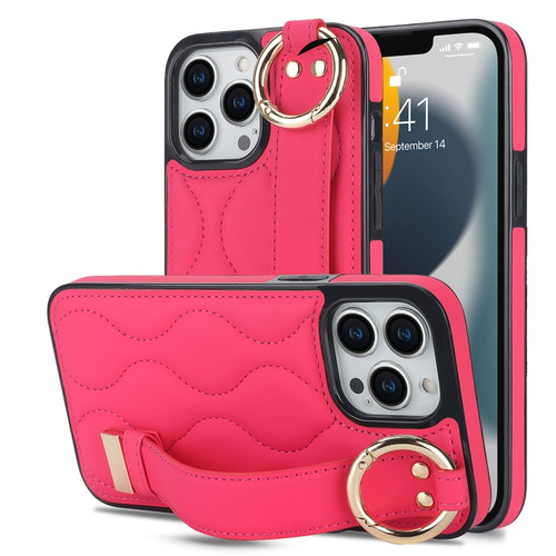 iPhone 13 Pro Max Non-slip Full Coverage Ring PU Phone Case with Wristband - Rose Red