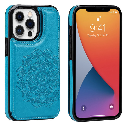 iPhone 13 Pro Max Double Buckle Mandala Pattern PU+TPU Protective Case with Card Slots & Holder & Photo Frame  - Blue