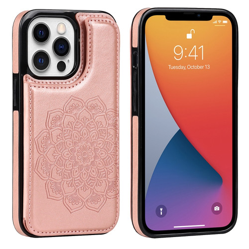 iPhone 13 Pro Max Double Buckle Mandala Pattern PU+TPU Protective Case with Card Slots & Holder & Photo Frame  - Rose Gold